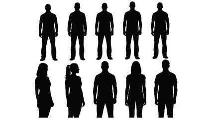 A set of black silhouettes of people standing in two rows