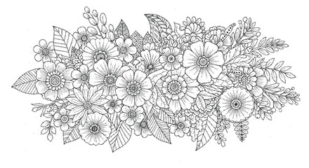 Floral design with various flowers and leaves