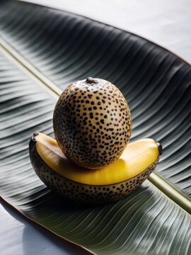 Sharkara Varatti, a tropical fruit, lies elegantly on a vibrant banana leaf
