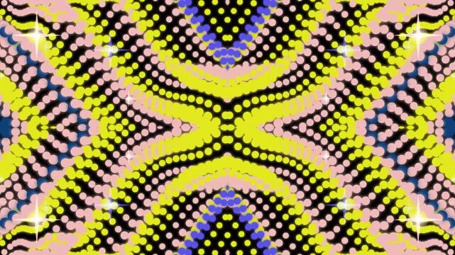 Vibrant australian aboriginal art featuring traditional dot painting techniques with yellow, pink, and blue hues on black background canvas