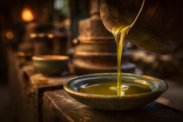 Oil is poured from a pot into a small bowl in a workshop during early evening hours