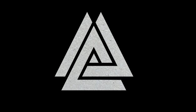 Valknut symbol of Odin, Norse mythology triple interlocking triangles with stone texture on dark background.