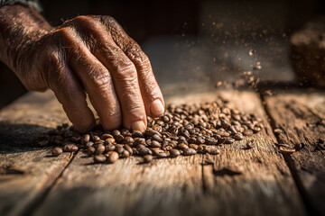 Hand sorting coffee beans on wooden table in warm light during afternoon hours