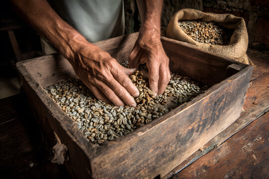 Hands sort coffee beans in a wooden box at a rural workspace in the morning light