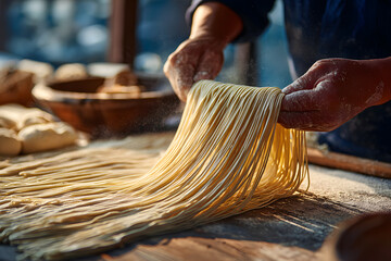 Making fresh pasta in a kitchen with wooden tools and flour laid out on the table in the morning light