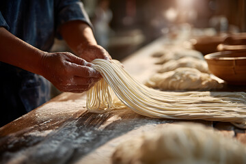 Hands making fresh noodles in a kitchen during the daytime with flour on the table