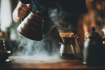 Pouring hot water over coffee grounds in a cafe setting during morning hours
