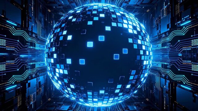 Futuristic blue sphere with circuit patterns