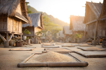 Workers prepare rice at a rural village in Southeast Asia during sunset with traditional houses in the background