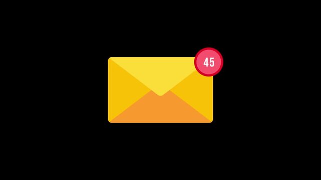 Mail inbox notification icon animation counting 1 to 99 plus on bblack Screen background, envelope popup animarion, unread messages numbbers counting