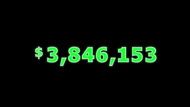 Dollar growth from zero to Ten million on black background, USD counting animation, Financial Counter Rising Dollar 0 o 10,000,000