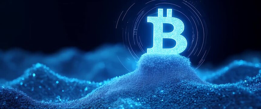 Cinematic scene of a glowing Bitcoin symbol emerging from shimmering digital sand dunes, with a slow pan revealing dynamic light reflections, symbolizing cryptocurrency innovation.