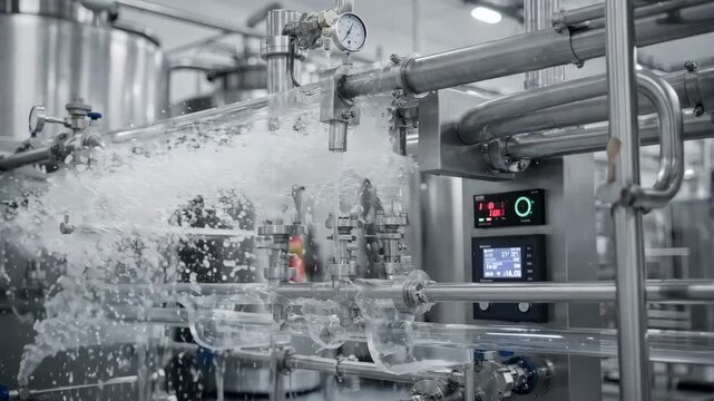 Medium shot of highspeed carbonation injection equipment rapidly infusing chilled water with CO2 showcasing industrial precision and efficient gas dissolution under pressure.
