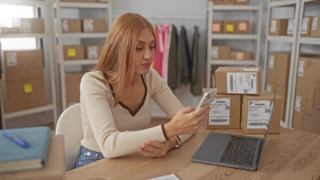 Woman holding smartphone at studio desk with stacked shipping boxes, smiling and sorting parcels while checking orders; small business optimism.