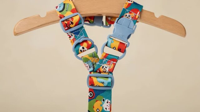 Elastic kids tie with hook closure displayed on a hanger emphasizing safety release mechanisms and vibrant fabric textures ideal for young wearers.