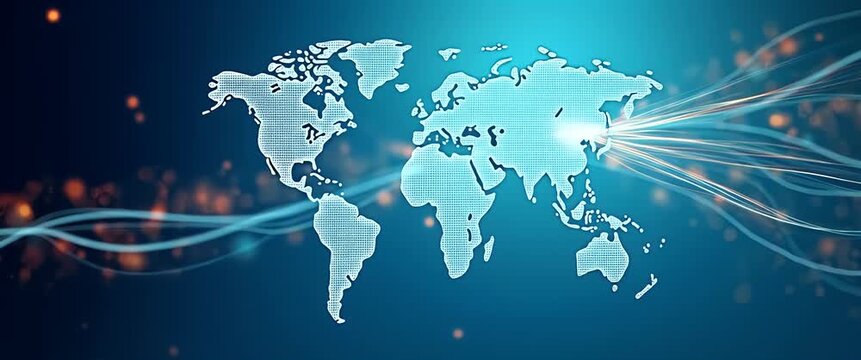 Digital world map with glowing data streams gently flowing, camera slowly panning across a futuristic, cinematic background, ideal for global technology and innovation themes.