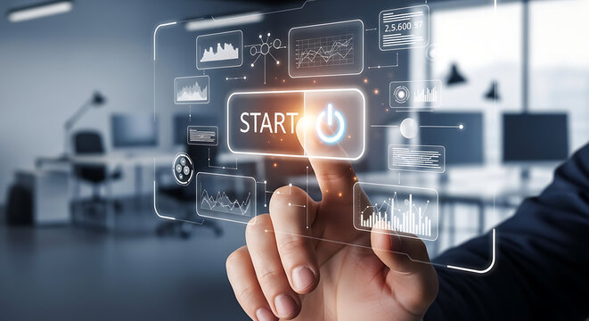 Hand pressing the start button on a futuristic interface with glowing data analytics and business growth graphs, symbolizing innovation and digital transformation