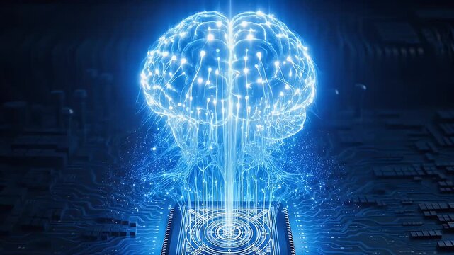 glowing digital brain connected to a futuristic circuit board technology concept