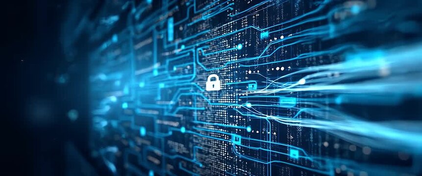 Futuristic digital network visualization with dynamic data flow, featuring a slow tracking camera and gentle ambient motion, emphasizing cybersecurity themes in a cinematic style.