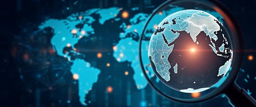 Magnified globe spins gently under a digital lens, with a slow camera pan revealing a futuristic data network in a cinematic, high-tech style.