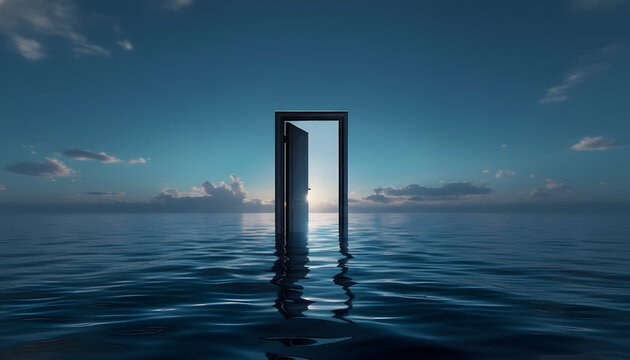 An inspiring open door standing in the tranquil ocean, symbolizing a profound gateway to new opportunities, an exciting future, and the freedom of a transformative journey