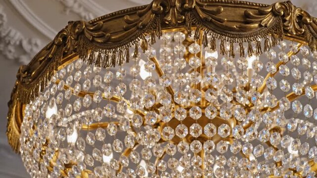 A luxurious golden chandelier with intricate scrollwork and numerous shimmering clear crystal droplets hangs from a white ceiling with decorative plaster molding