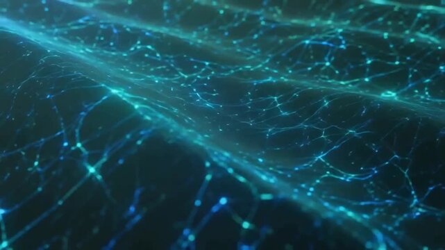 Artificial Intelligence network data flowing inside glowing optical fibers, electrical signals traveling through a complex 3D network of interconnected nodes, dynamic streaming of light pulses 