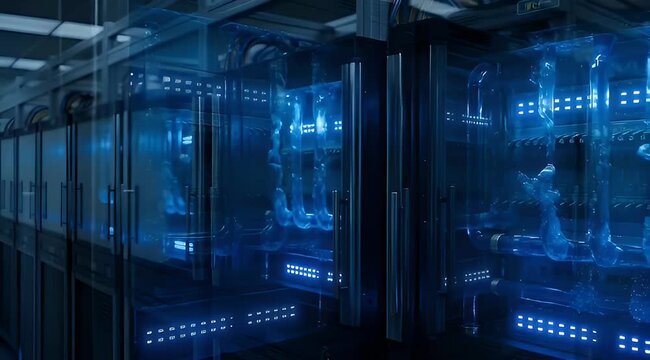 Futuristic server room with liquid cooling system and blue neon lights