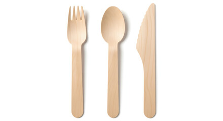 Set of three disposable wooden cutlery pieces including a fork, spoon, and knife on a white background.