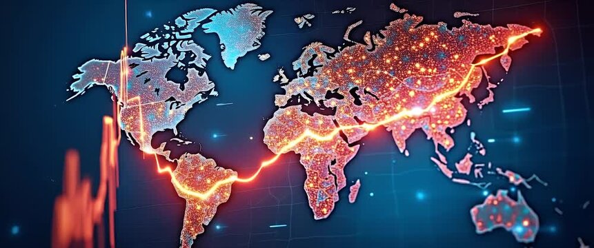 Dynamic world map with glowing data points pulsing, slow camera pan revealing global network connections, vibrant analytics, and financial trends, cinematic style.