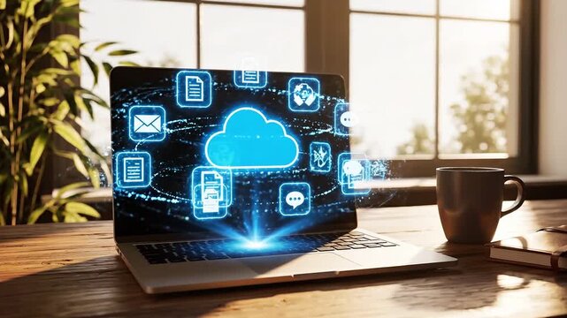 Cloud computing concept with laptops displaying digital icons on screens in a modern office setting with natural light