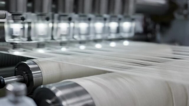 Medium shot showing a closeup zoom on the yarn evenness scanners optical sensors analyzing fiber consistency for optimized texturizing processes in industrial settings.