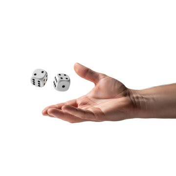 dynamic macro photo of a caucasian male hand releasing two white dice frozen mid-tumble against a minimalist high-key white background with subtle shadow. concept of risk and gambling