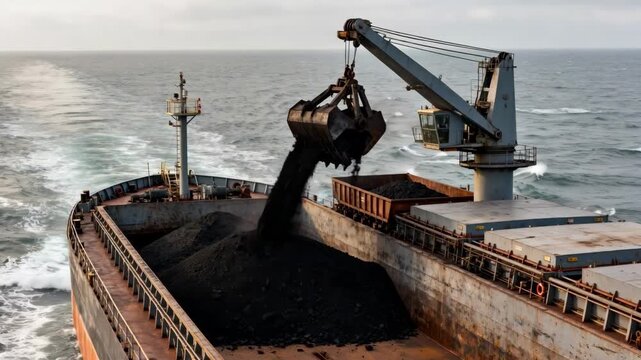 Medium shot of industrial vessel transporting coal across open water showcasing heavy machinery and onboard storage compartments.