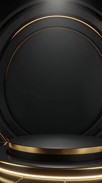 3D animation of a luxurious black round stage with glowing gold edges, illuminated by a dram
