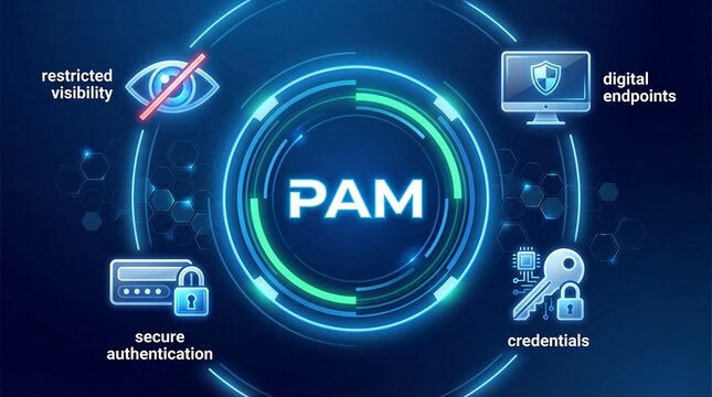 PAM acronym, privileged access management sytem concept, software is a cybersecurity solution designed to secure and manage privileged accounts within an organization. abstract technology background