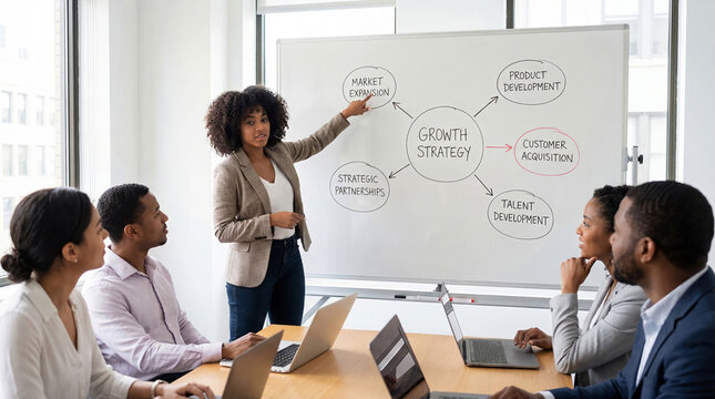 Consulting team discussing growth strategy during corporate meeting with diverse colleagues and leader pointing at whiteboard in modern office