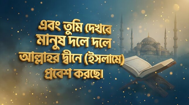 3D Golden Bengali Islamic Typography Quote from Quran Surah An-Nasr with Open Book and Mosque Background