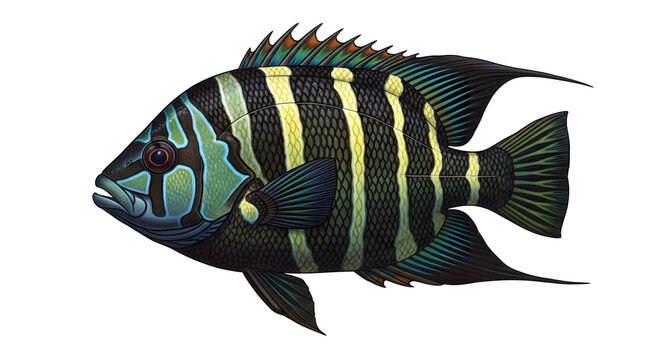 A detailed drawing of an Ulua fish with dark stripes and green accents