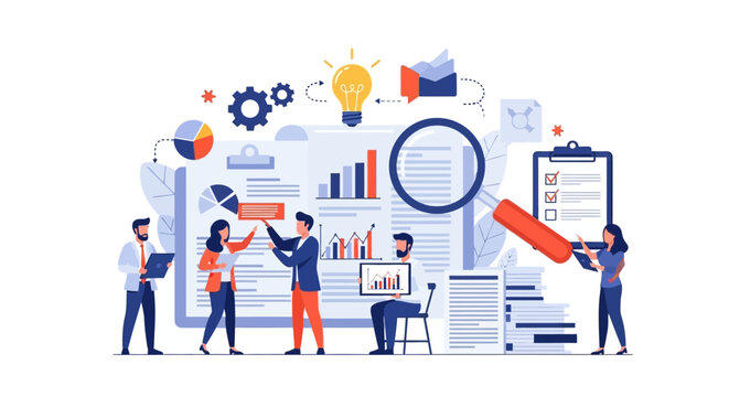 Team analyzing data and reports with magnifying glass and graphs