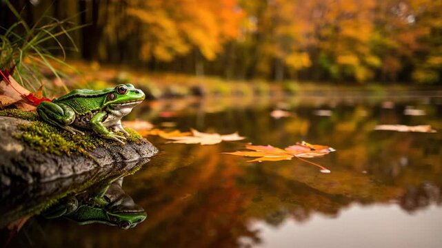Green frog resting on rock in autumn forest lake with fall leaves and reflection.