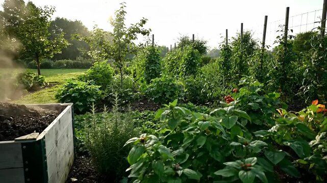 Organic vegetable garden with raised bed composting and green leafy vegetables growing.