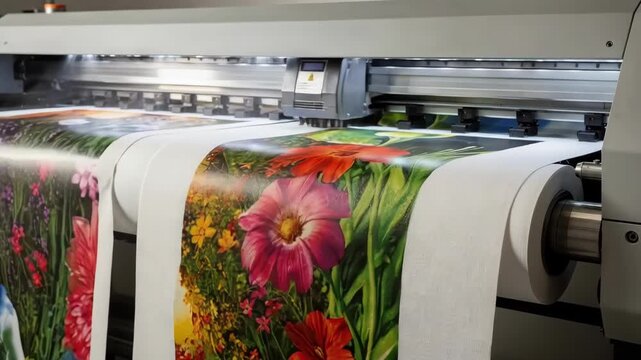 Medium shot of wideformat printer jetting vibrant photographic images onto canvas rolls capturing sharp details and color accuracy in digital directtofabric printing.
