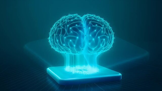 Futuristic representation of a glowing brain connected to a modern device