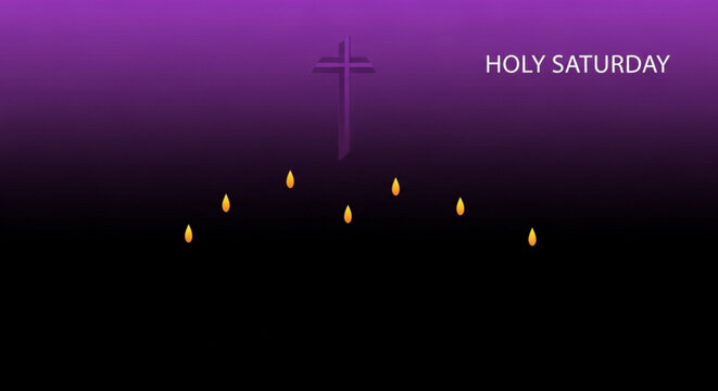 Holy Saturday cross and candles religious concept for Easter week solemn and spiritual background with gradient purple and black