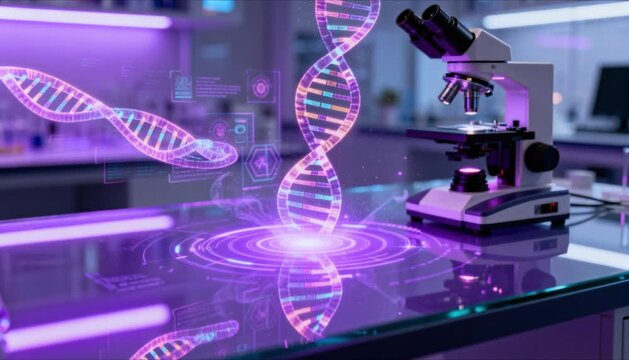 futuristic laboratory table with microscope and dna holograms perfect for international women's day