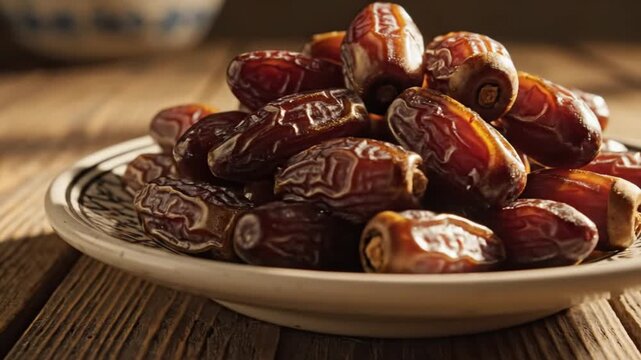 A plate of dark brown wrinkled dates rests on a rustic wooden table illuminated by natural light and shadows