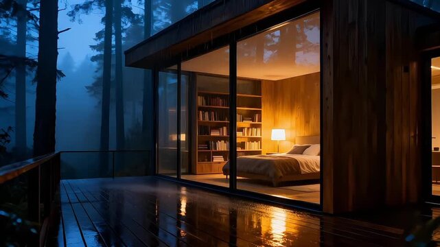 Warm Glowing Modern Wooden Cabin Bedroom Viewed Through Glass Wall in Misty Rainy Forest Evening Atmosphere