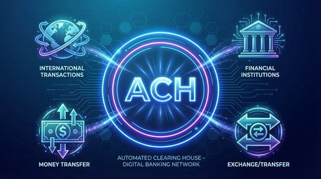 ACH Automated clearing house concept, financial network in the United States that facilitates electronic money transfers and electronic payments abstract vector background