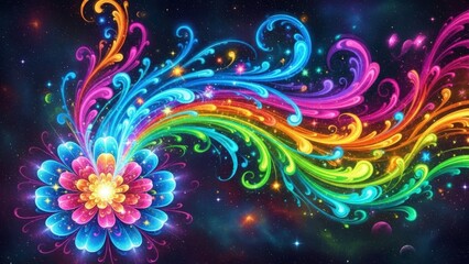 Fototapeta premium Celestial Bloom: A vibrant, fantastical flower bursts forth with a kaleidoscope of colors, its radiant petals and swirling tendrils illuminating the vastness of space.